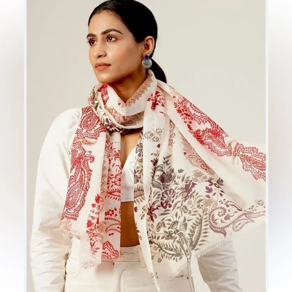 NWOT J. Jill Lightweight Oblong Scarf Woven Wool Paisley Wrap Ivory Red 24x70"